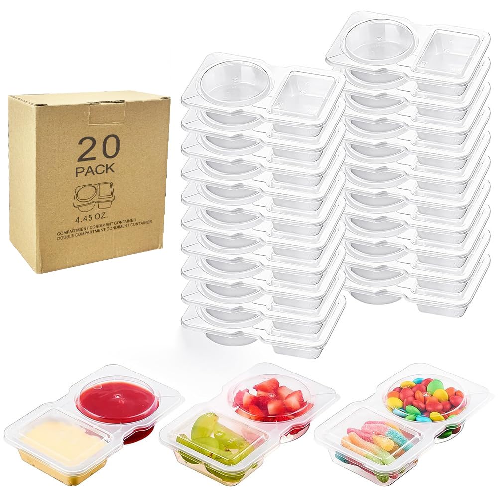 Yongyongbuy Transparent 20Pcs Double Compartment Condiment Container, Reusable Snack Packaging Container, Mini Plastic Jar With Lid, Sauce Snacks, Microwave And Refrigerator Safe