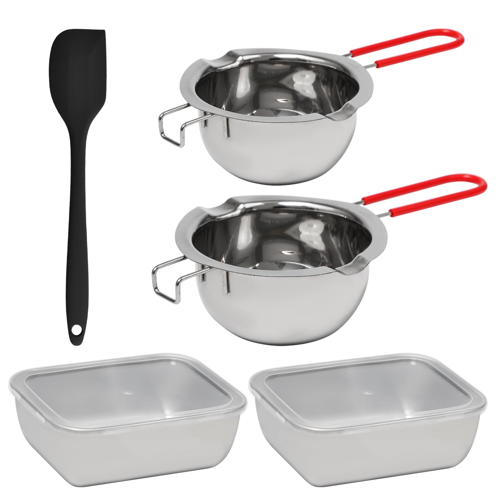 2 Pezzi Bagnomaria in Acciaio Inox con 1 Raschietto Silicone, 2 Contenitore con Coperchio Cioccolato Ciotola di Fusione per Cioccolato, Zucchero, Burro, Formaggio, Caramello(480ml+600ml)