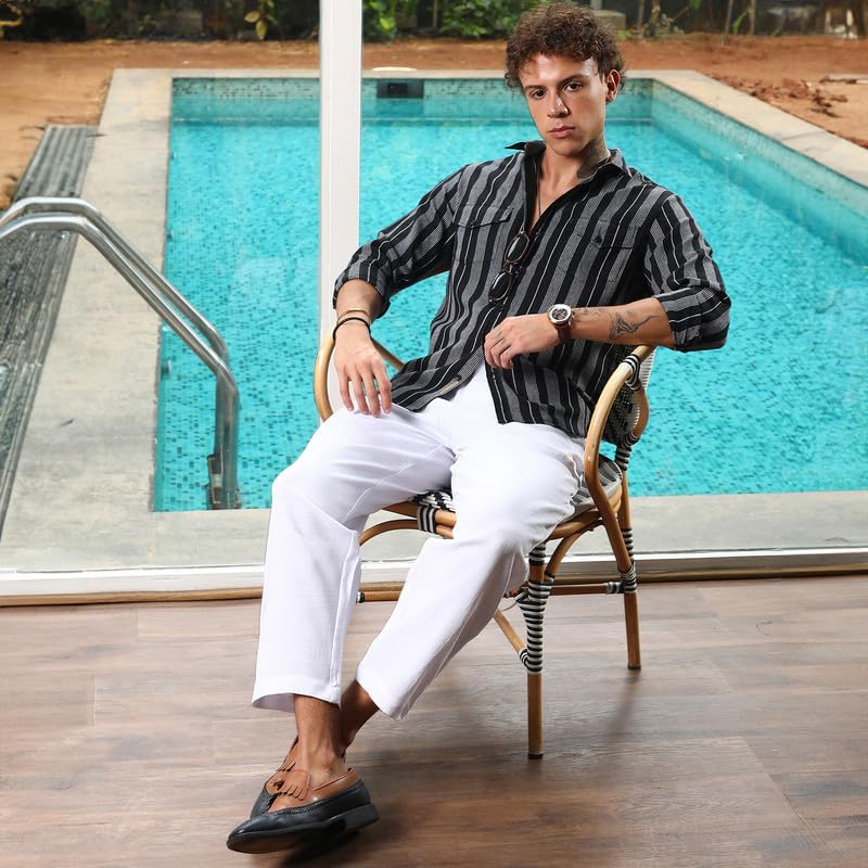 Image of CAHOOT Men's Hexagon-Lined Shirt | Casual Wear | Spread Collar | Long Sleeve | Button Closure | Shirt Crafted with Comfort Fit for Everyday Wear