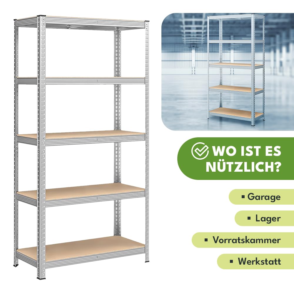 KRUMAD Étagère pour charges lourdes, 180 x 90 x 40 cm, à 5 tablettes en MDF, capacité de charge de 875 kg, en métal, pour garage, cave, atelier, sans vis, réglable en hauteur, système d'étagère stable