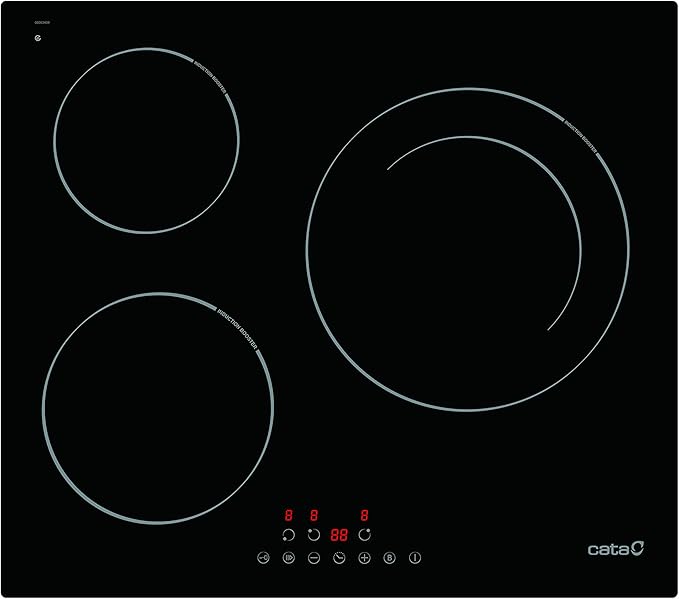 Cata Placa de inducción IBZ 6303 BK con 3 zonas de cocción con amplificador y una zona doble gigante con 9 niveles de potencia, placa de 60 cm con desconexión automática y bloqueo para niños