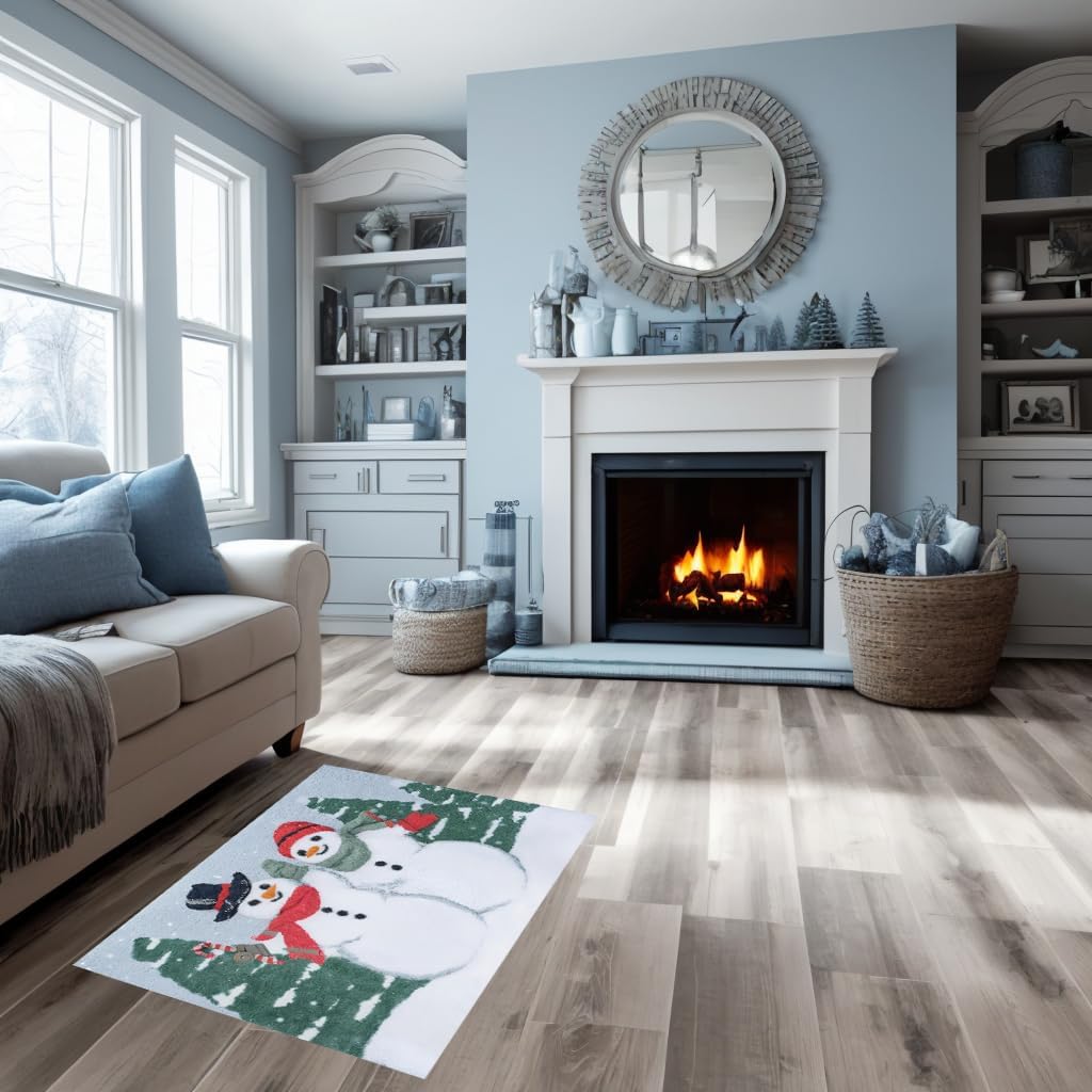 St. Nicholas Square Christmas Holiday Bath Rug,Soft and Absorbent Polyester Pile,20x30 Inches,Snowman Couple Winter Scene Design for Indoor Use,Home Bathroom Decoration,Green,Red,White,Black,Gray