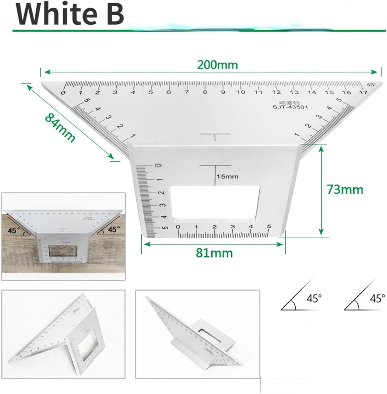 Multifunctional T-Shaped Woodworking Ruler Measuring Tool Aluminum Alloy Right Angle 45 Degree Scoring Guide Ruler Caliper (Color : Black A)