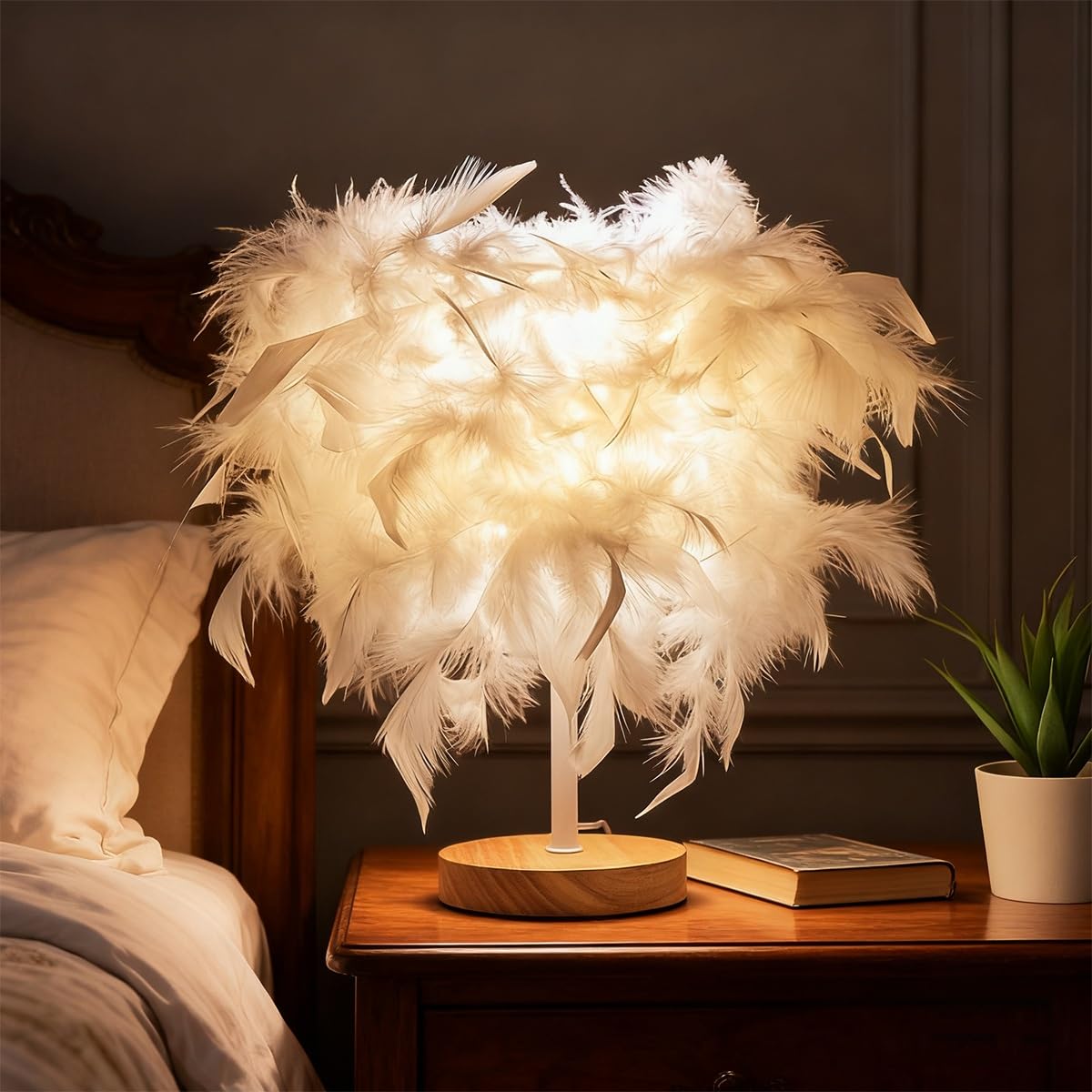 KPLFI Feather Table Lamp, Bedroom Bedside Lamp Decoration Ambient Light Light Light Luxury Premium Feeling Night Lamp Creative Gift(White)
