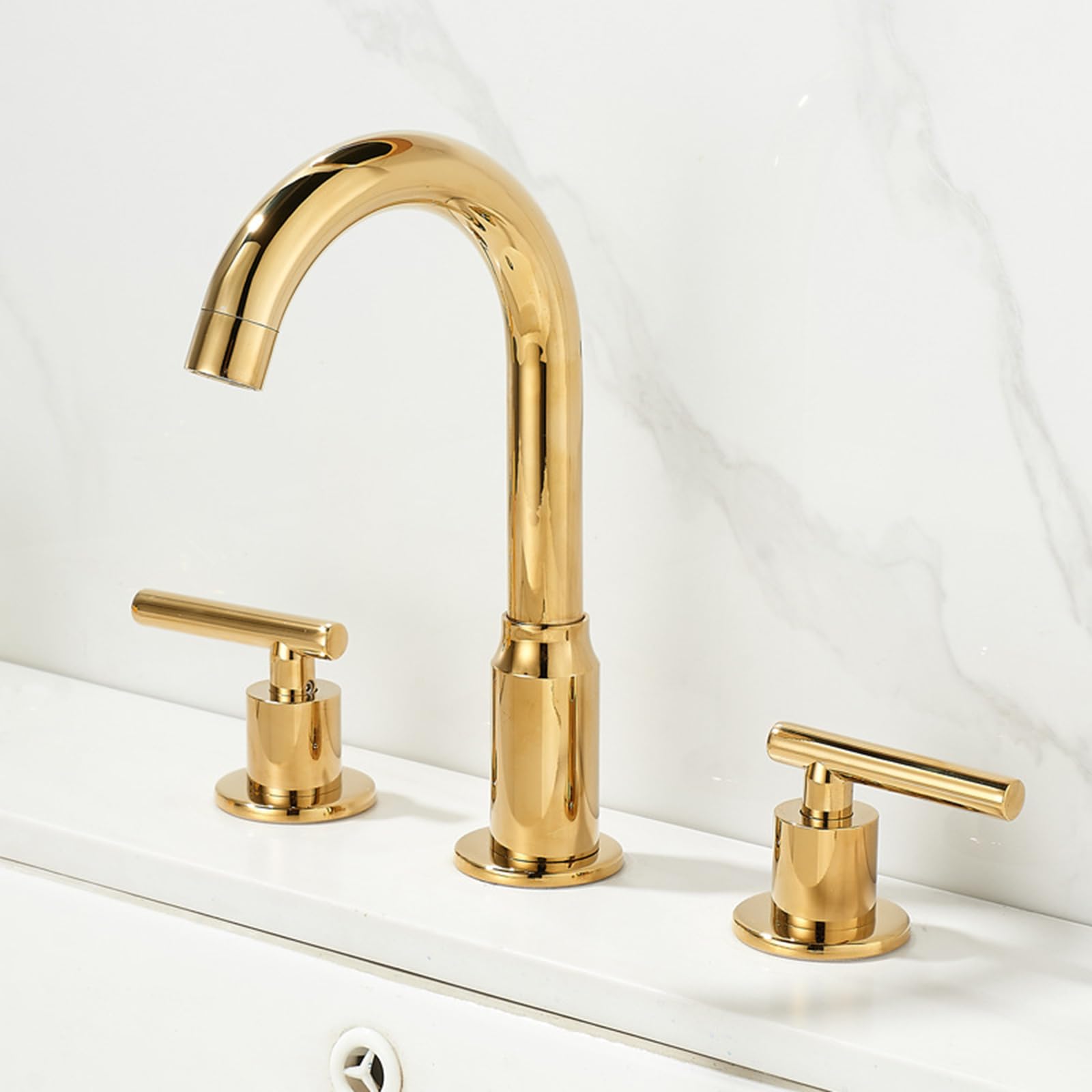 ZYCHSJXA Modern Bathroom Sink Tap 3 Hole Taps Gold Gooseneck Basin Faucet Brass Spout with Hot and Cold