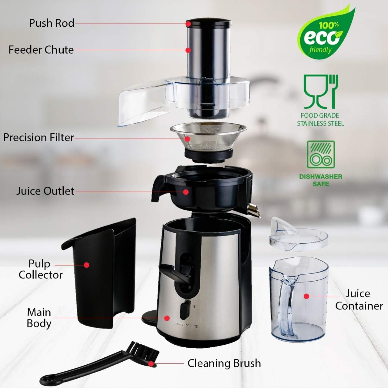 Ovente Electric Cold Press Juicer Extractor Machine for Citrus Fruit or Vegetable, 3 Inch Feed Chute Stainless Steel Cutting Disc, 700 Watt Easy Clean Squeezer for Fresh Orange Juice, Silver JE7607BR