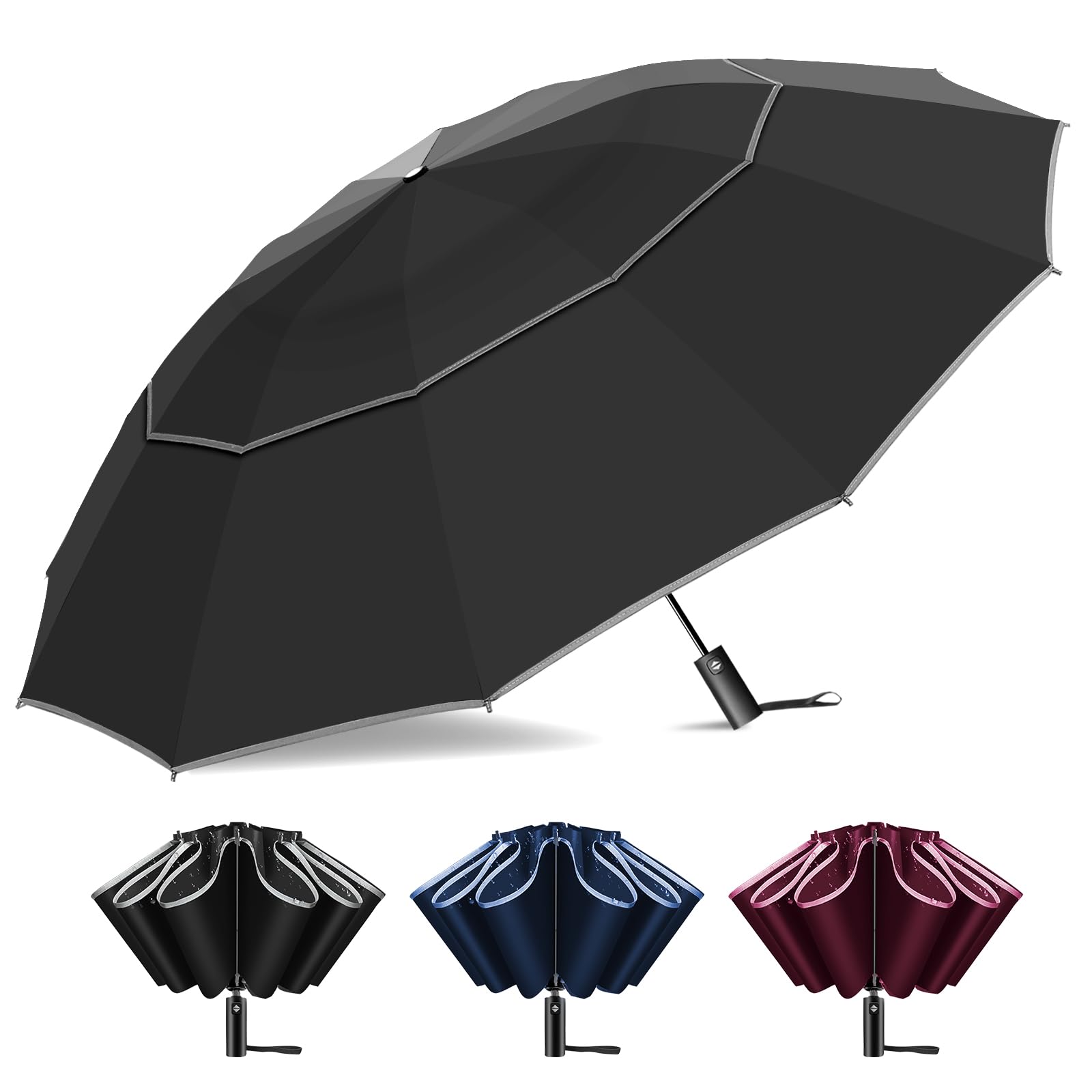 Satol 54 Large Golf Umbrella Black - Auto Open/Close Reverse Folding Umbrella, 12 Reinforced Ribs, 310T Pongee | Rain & Sun Protection | Compact, Fits Golf Bag/Backpack/Car | UK Travel Essentia