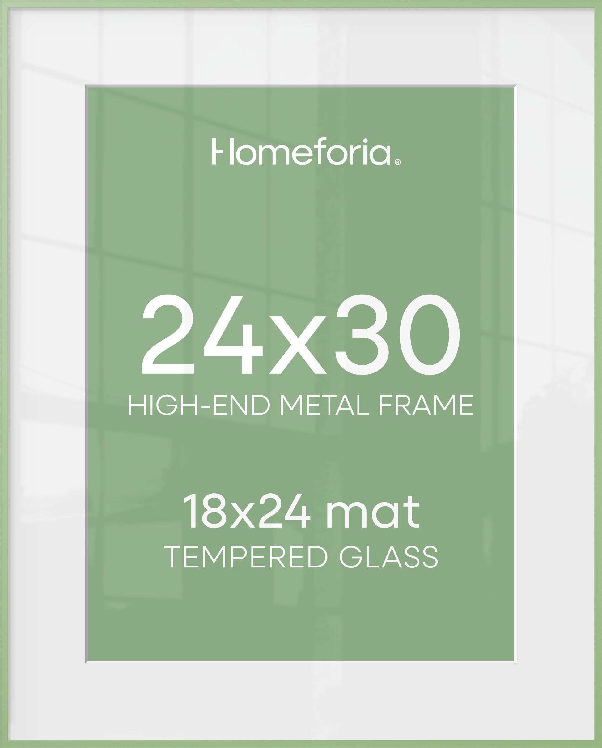 Homeforia 24x30 Frame Sage Green, High End Metal 24x30 Picture Frames with Mat 18x24 Photo, 24 x 30 Sage Green Poster Frame Matted to 18 by 24 Art, 30x24 Thin Frame, Tempered Glass, Wall Kit, Set of 1