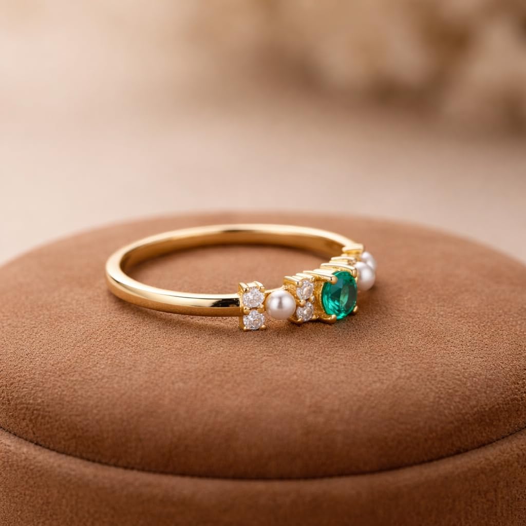 Green Emerald & Freshwater Pearl Ring for Women Round Cut Gemstone Ring in 14K Yellow Gold Diamond Accent Minimal Wedding Band Stackable Jewelry Gift for Love