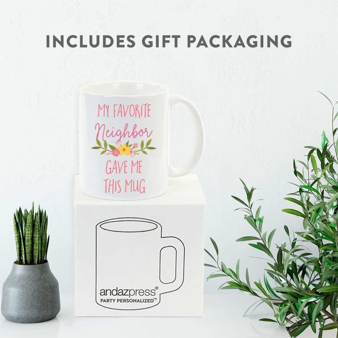 Andaz Press 11oz. Funny Coffee Mug Gag Gift, My Favorite Neighbor Gave Me This Mug, Floral Flowers, 1-Pack, Husband Father's Day Birthday Christmas Sarcastic Humor Gift Ideas