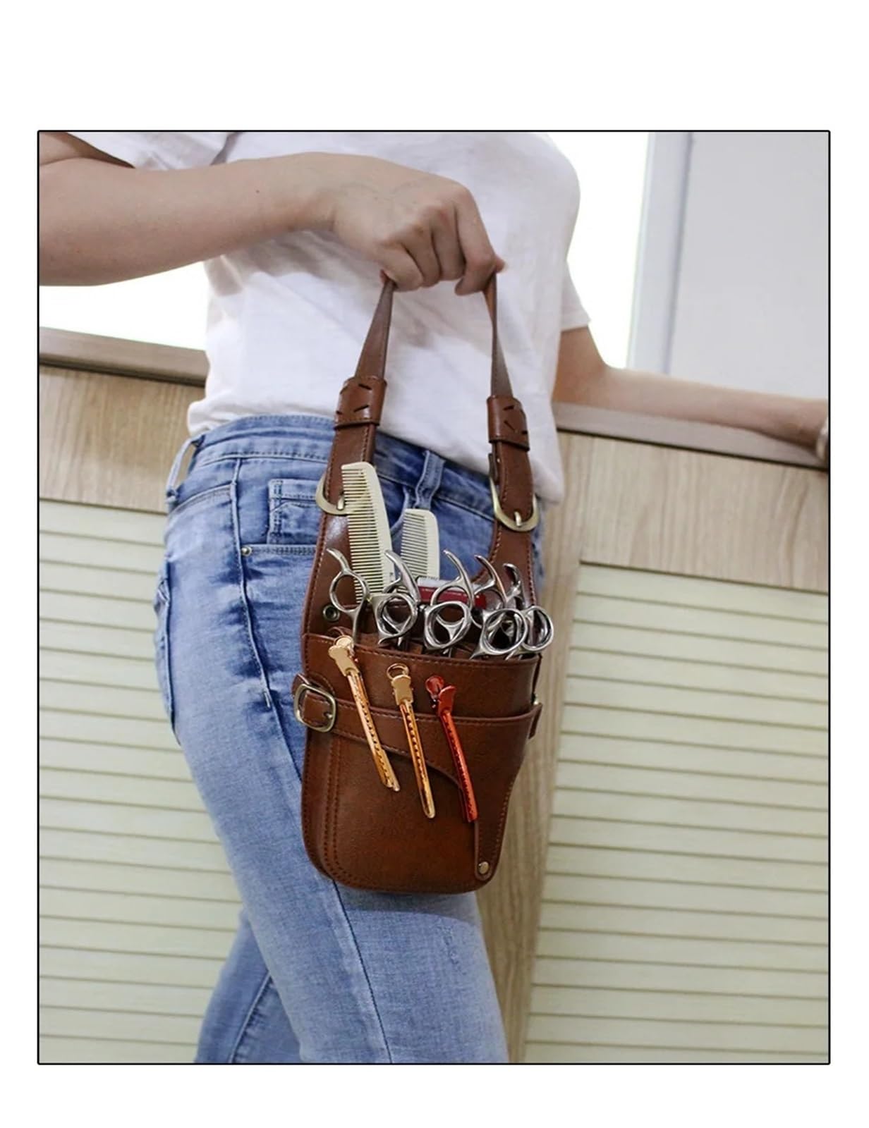 Friseurgürtel Haarscherentasche aus echtem Leder mit Clips, Friseurscheren-Holster, Beutelhalter, Etui mit Taillen-Schultergurt(Brown)