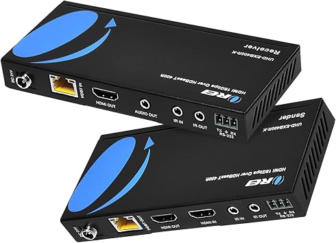 OREI 4K HDMI over Ethernet Extender Balun - HDBaseT UltraHD 4K @ 60Hz 444 CAT5e/6/7 Cable with HDR, CEC & IR Control, RS-232 Up to 400 Ft Loop Out POC Audio Out UHD-EXB400R-K