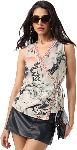 The Souled Store Tie-Up Top: Women and Girls Sleeveless Wrap V-Neck Graphic Printed Viscose Nylon Regular Fit Lightweight ...