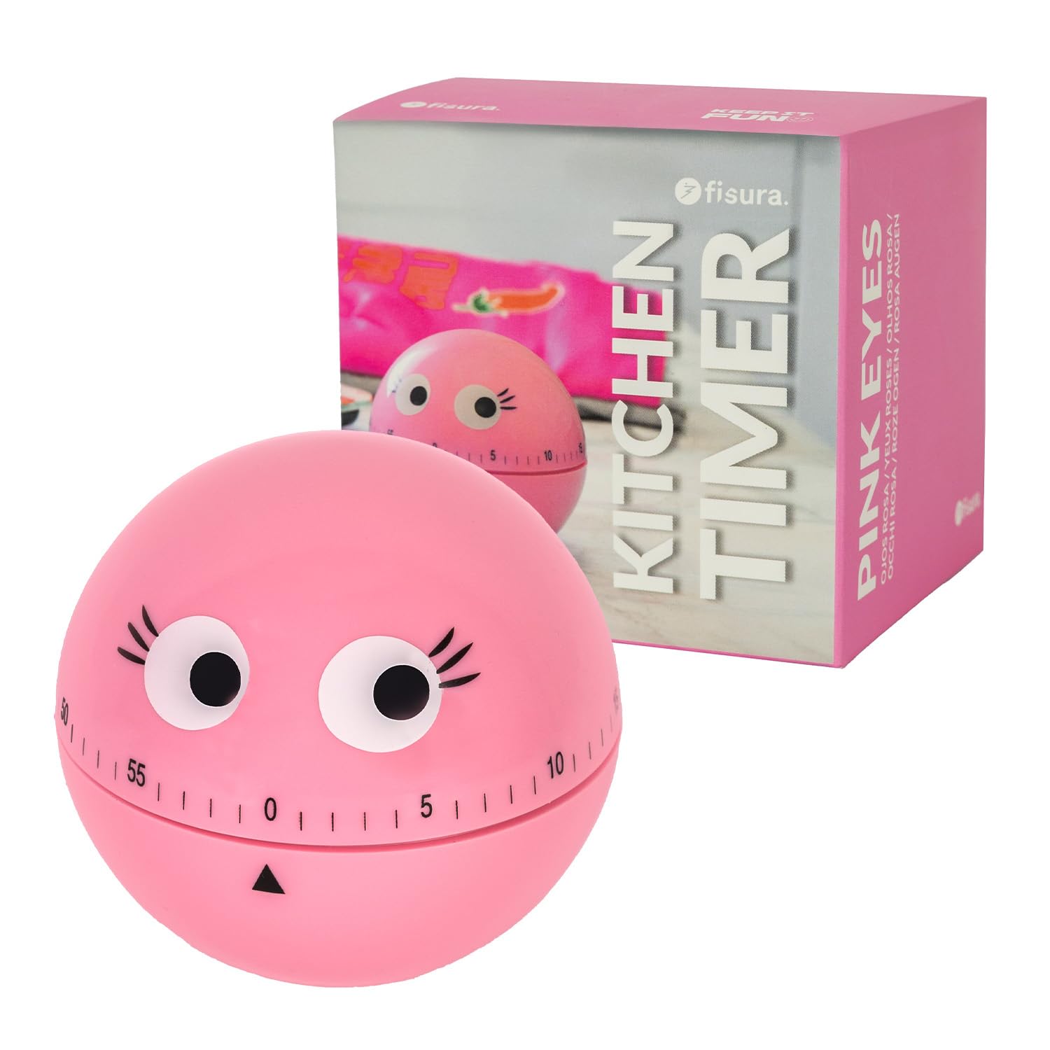 Fisura - Original Pink Eye Shape Kitchen Timer - 60 Minute Analogue Kitchen Minute - Countdown for Kids - Pomodoro Method Timer