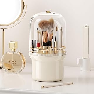 Clefairy Makeup Brush Holder Organizer with Lid, 360 Degree Rotation, 7 Compartments, and Anti-slip Base - Makeup Brush Organizer with Cover for Vanity Countertop (White)
