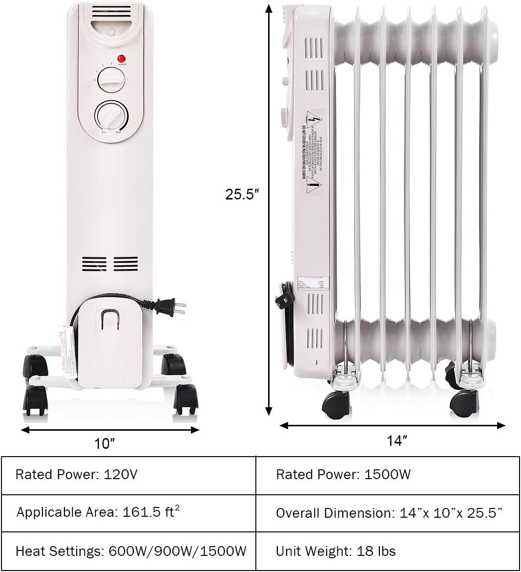TANGKULA 1500W Oil-Filled Heater, Portable Radiator Heater with Adjustable Thermostat, Tip Over & Overheating Protection, Electric Oil Heater for Home and Office, Space Heater