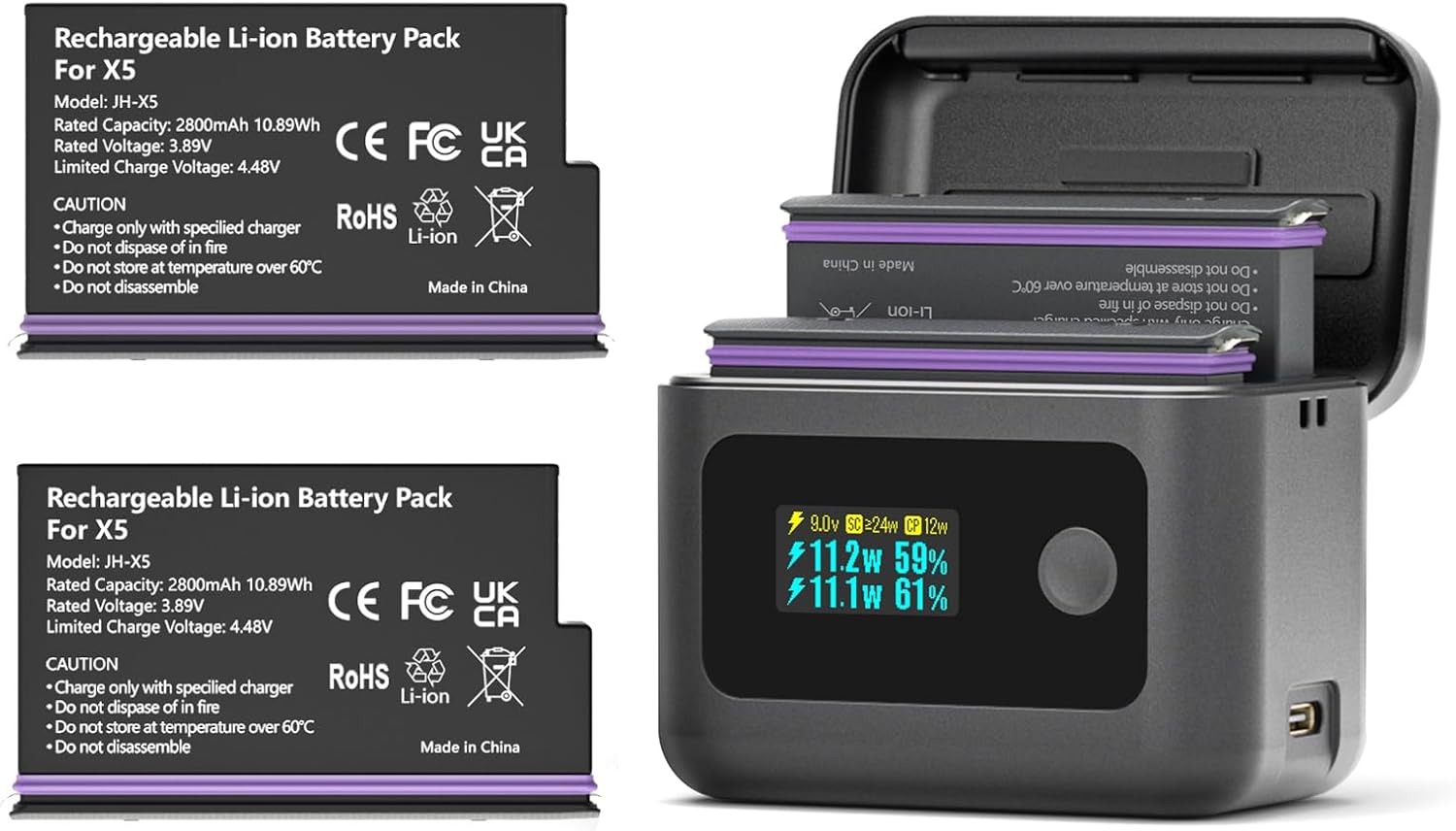 2 Pack Insta 360 X5 Batteries and Intelligent OLED Fast Charger for Insta360 X5, 2800mAh 360X5 Replacement Battery, 24W Dual-Slot PD Fast Charging Case Hub for Insta360 X5 Battery Accessories