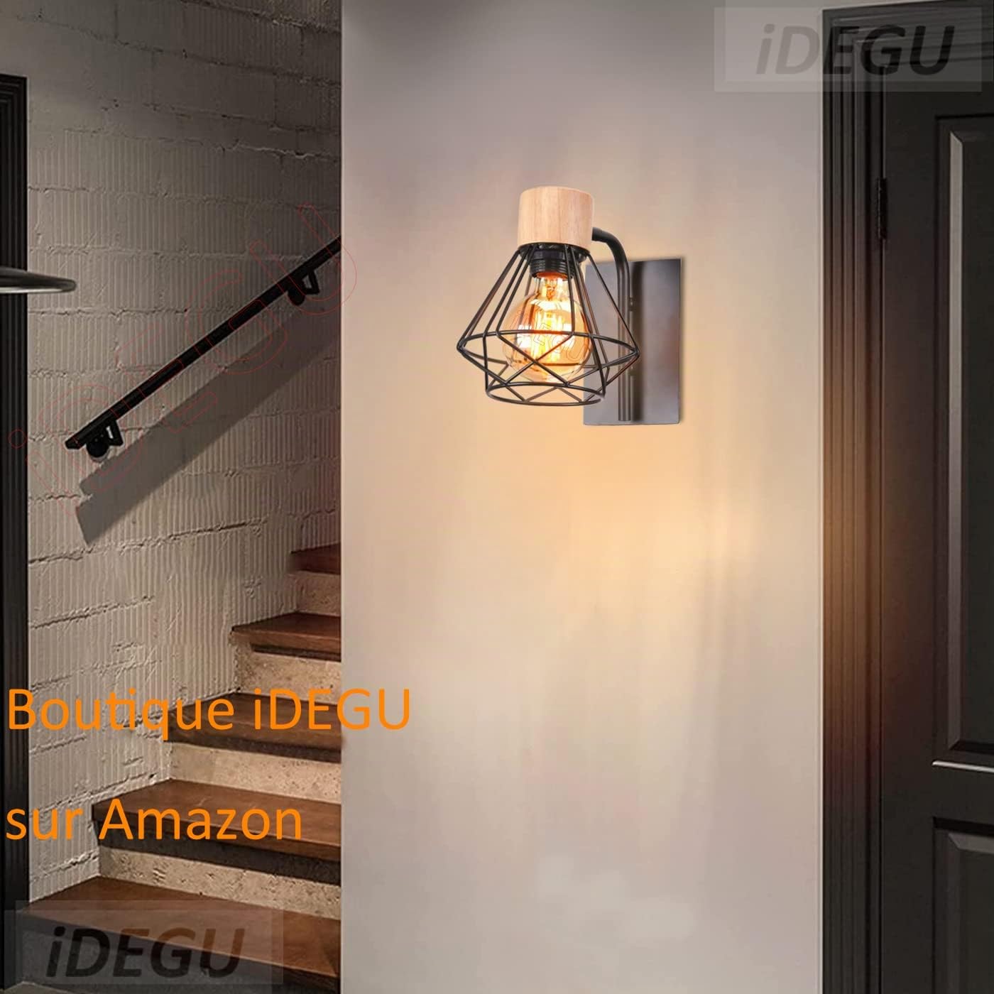 iDEGU Lot de 2 Applique Murale Intérieure Industrielle Luminaire Réglable en Bois Fer Design Cage Noir Rétro Éclairage E27 Lampe Murale Vintage pour Chambre Salon Cuisine (Applique Réglable, 2 Pack)