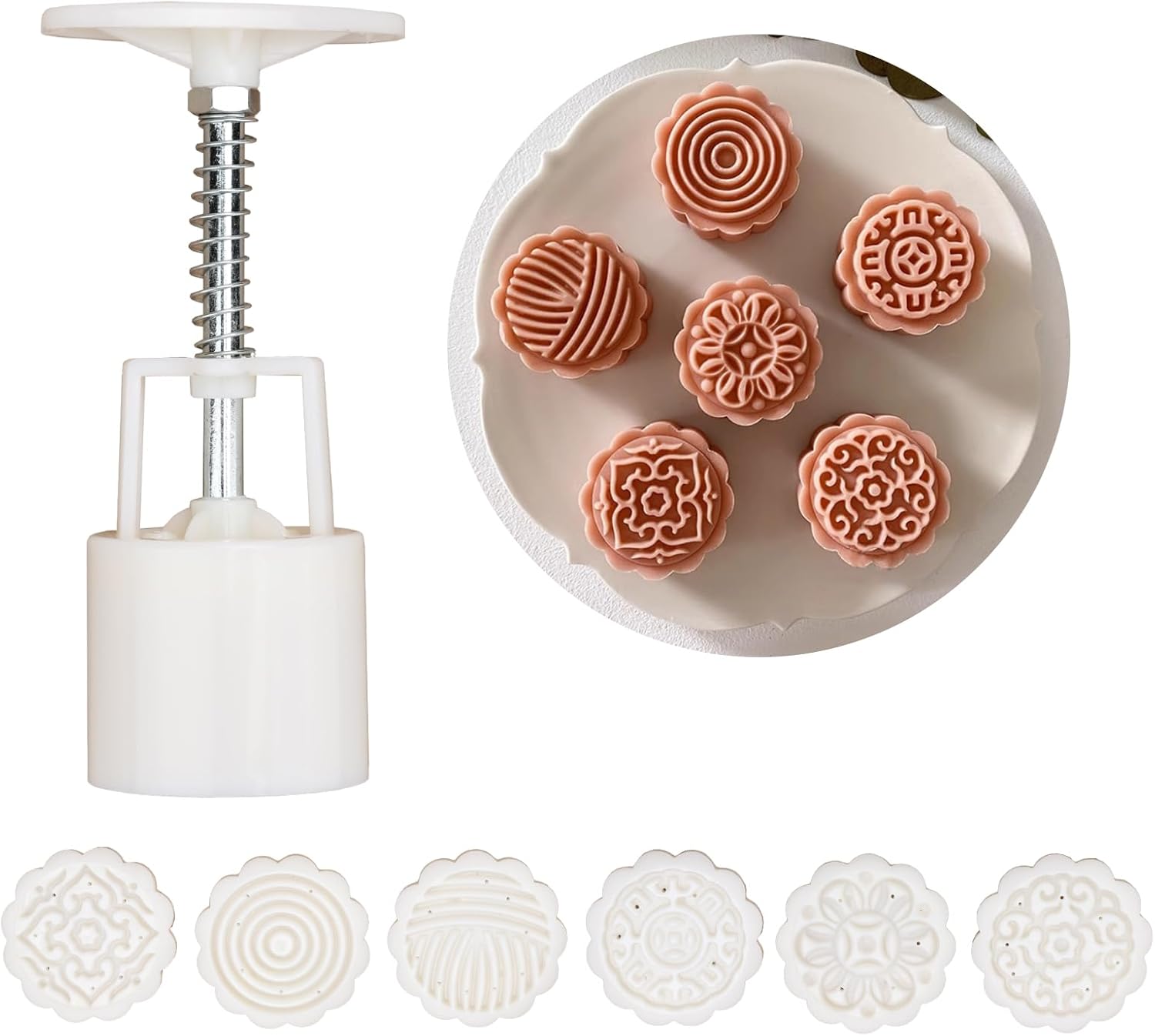 Pink Mooncake Press Molds，Hand Press mooncake Dessert DIY with Stamps Flower Mode，Mooncake Shortbread Press DIY (6 Alien Floral Stamps-1) - Image 5