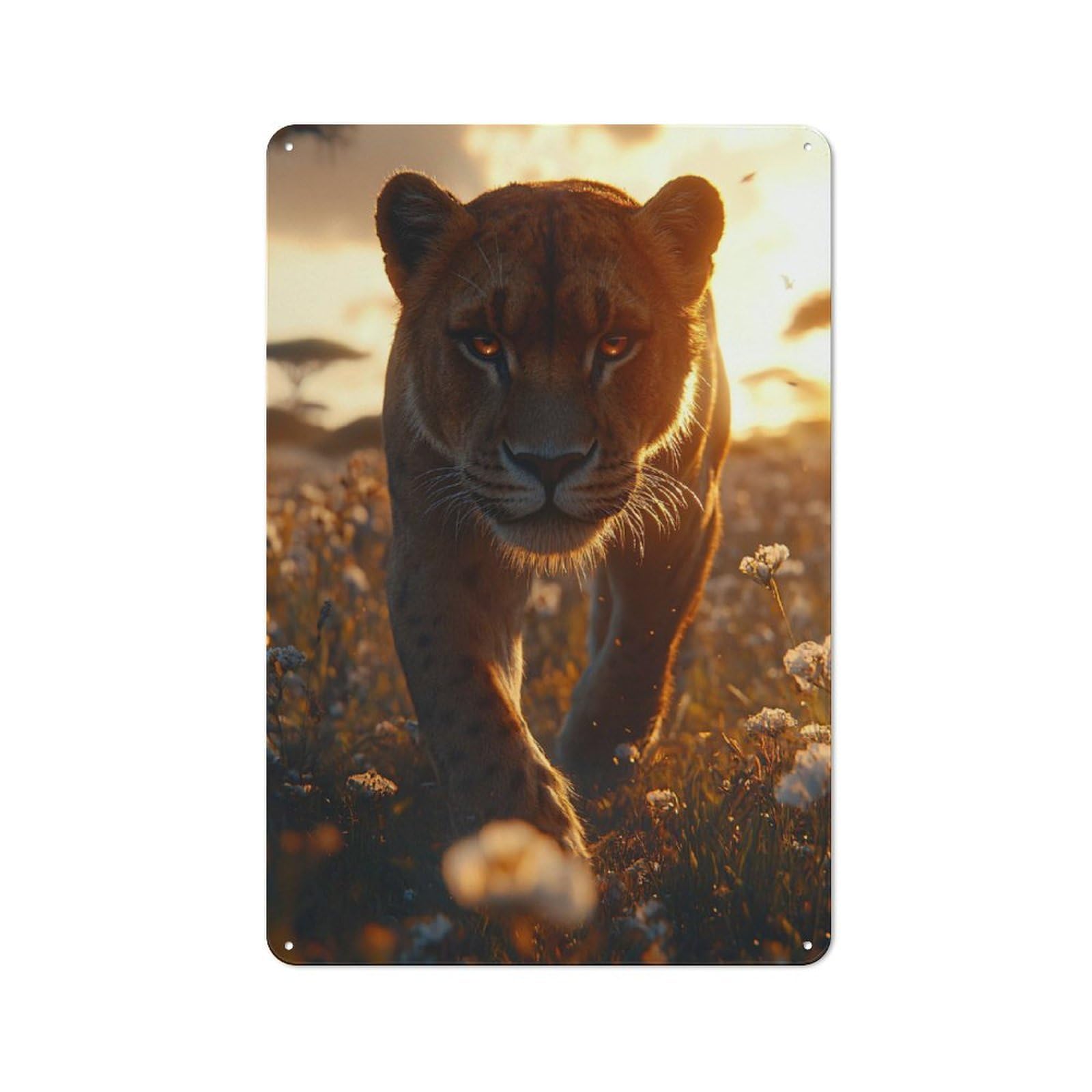 Junmoney Style-18 Lioness Walking Through Field At Sunset Vintage Metal Sign 30X20cm For Lounge Or Reading Corner, For A Room Refresh Centred On Metal Wall Decor