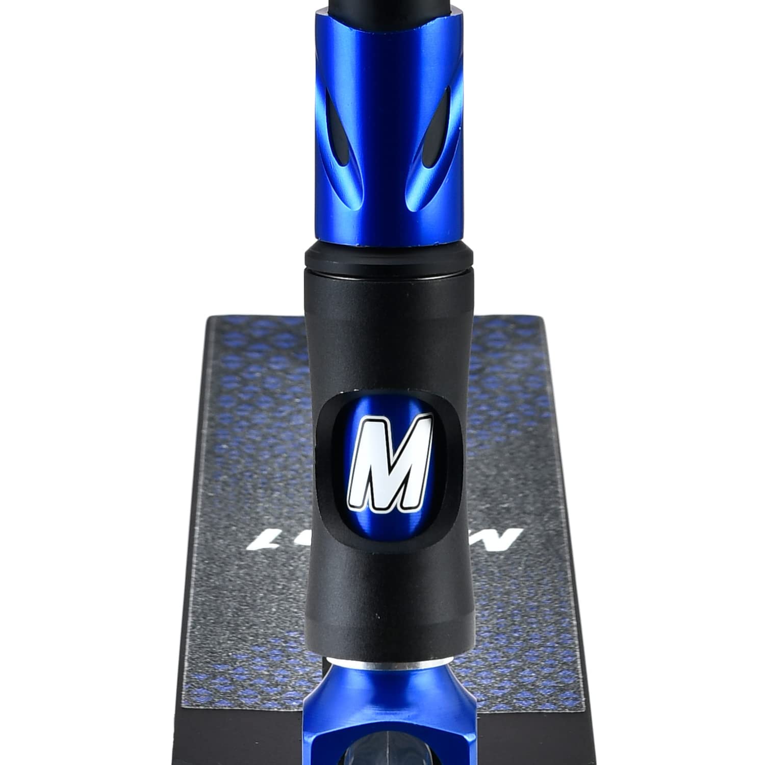 Mach1 Stunt Scooter Kierownica 360° – kółka 120 mm z aluminiowym rdzeniem i łożyskami kulkowymi ABEC 9, hulajnoga, Fun Stunts Trick Roller dla dzieci od 6 lat (czarno-niebieska z przezroczystymi kółkami)