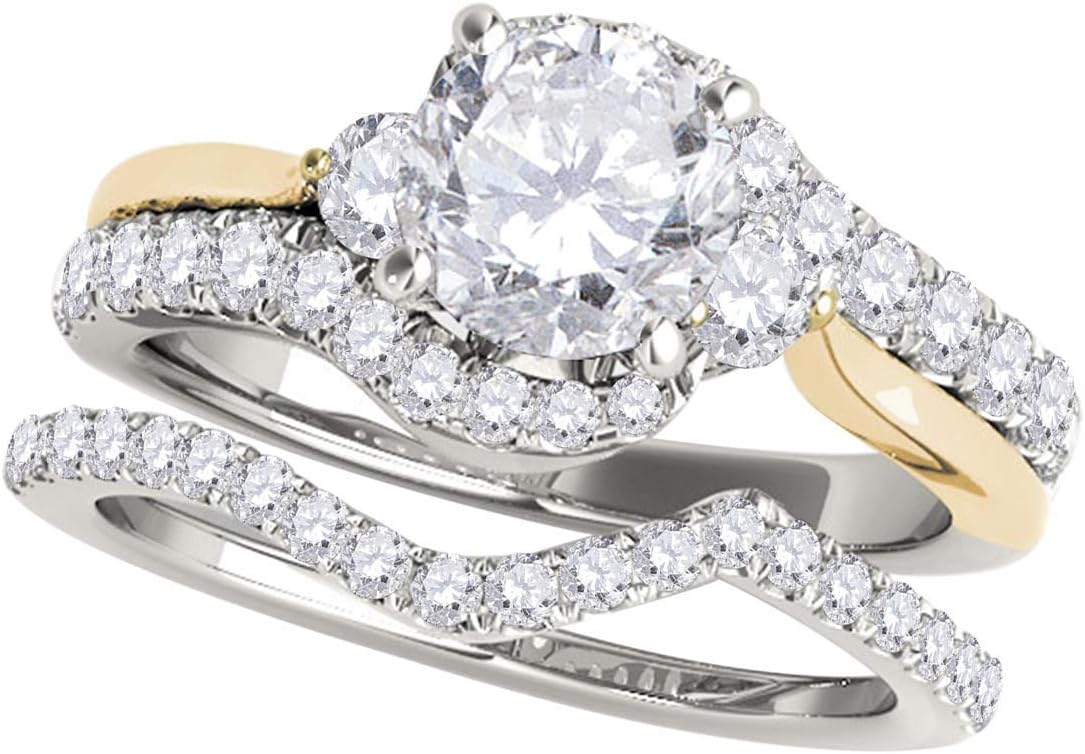 MauliJewels 1.25 Carat Round Cut Diamond Halo Bridal Set for Women, Two Tone Engagement Ring and Wedding Band Set, 14K Rose White Yellow Gold, Vintage Style Ring Set