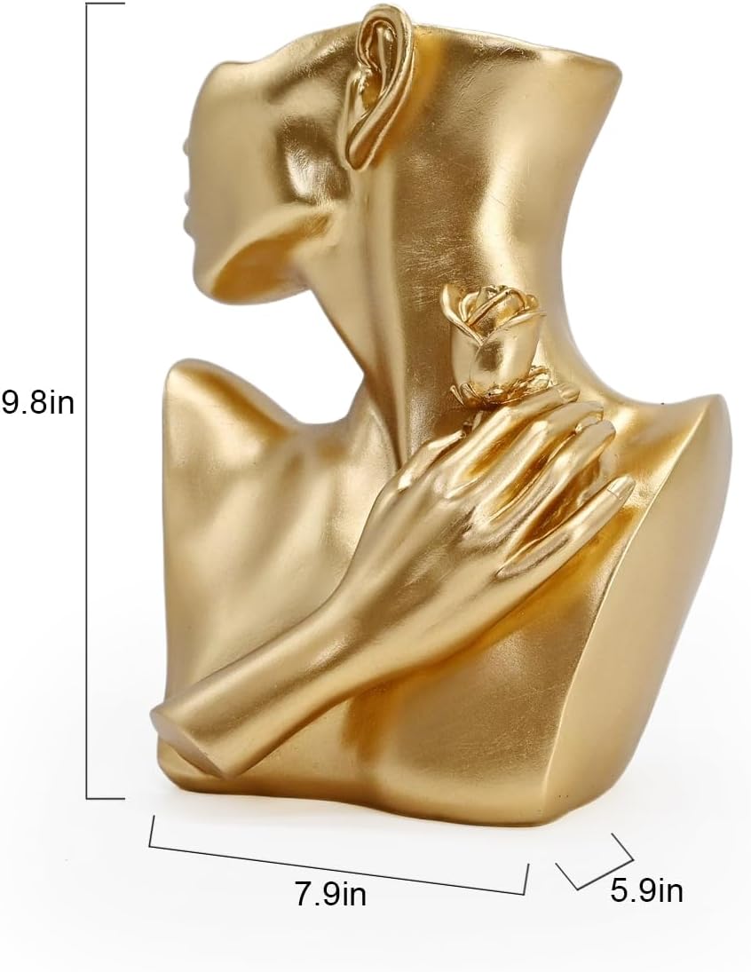 Gold Vases Centerpieces Aesthetic Home Decor Living Room Figurine Decorations Bouquet Flower Pot Coffee Table Office Women Statue Gift for Mom Mother Sister Daughter (Lady Figure)