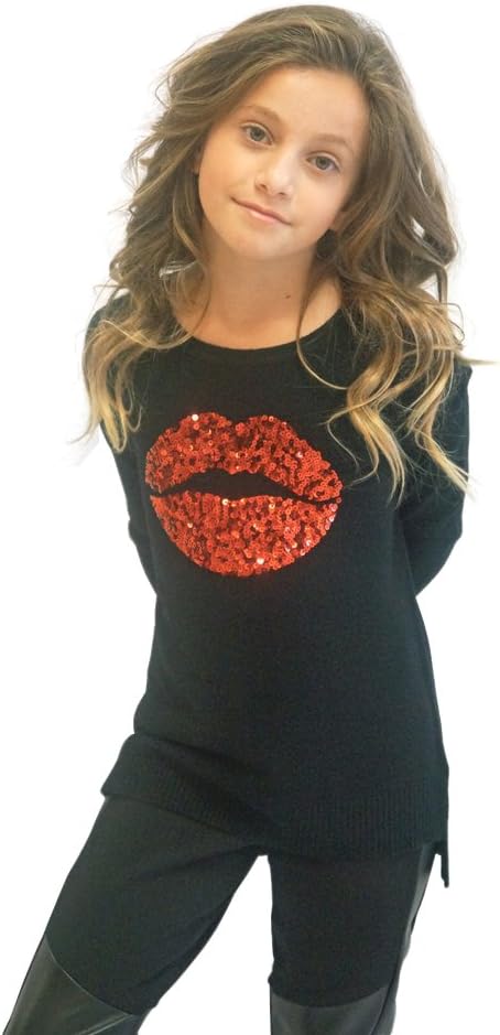 Big Girls' Round Neck Long Sleeve Hi-Lo Pullover with Sequin Lips