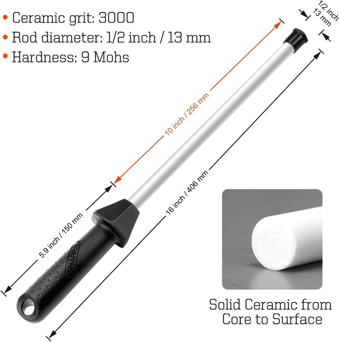 SHARPAL 118H Ceramic Honing Rod - Professional Knife Sharpener Steel, Ceramic Sharpening Rod for Kitchen Knives, Built-in Angle Guide, Anti-Break Cap, Durable Sharpening Stick, Christmas Gifts