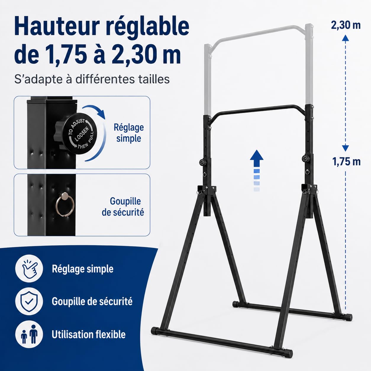 Barre de traction barre de gymnastique intérieure pliable en acier au carbone - Hauteur réglable de 175 à 230 cm - Pour adultes ou enfants - Charge maximale : 200 kg