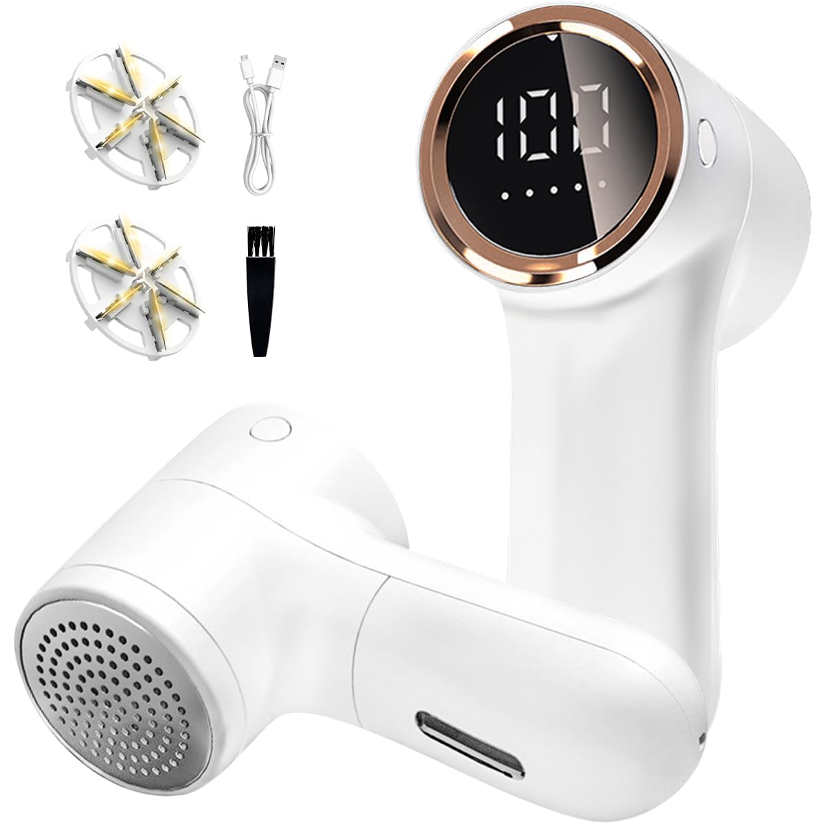 Gluckluz Fabric Shaver Electric Lint Remover Rechargeable Clothes Fuzz Remover Machine with 6-Leaf Blade & Digital Display & 5 Speed for Furniture Sofa Sweater Blanket Carpet (USB Charge, White)