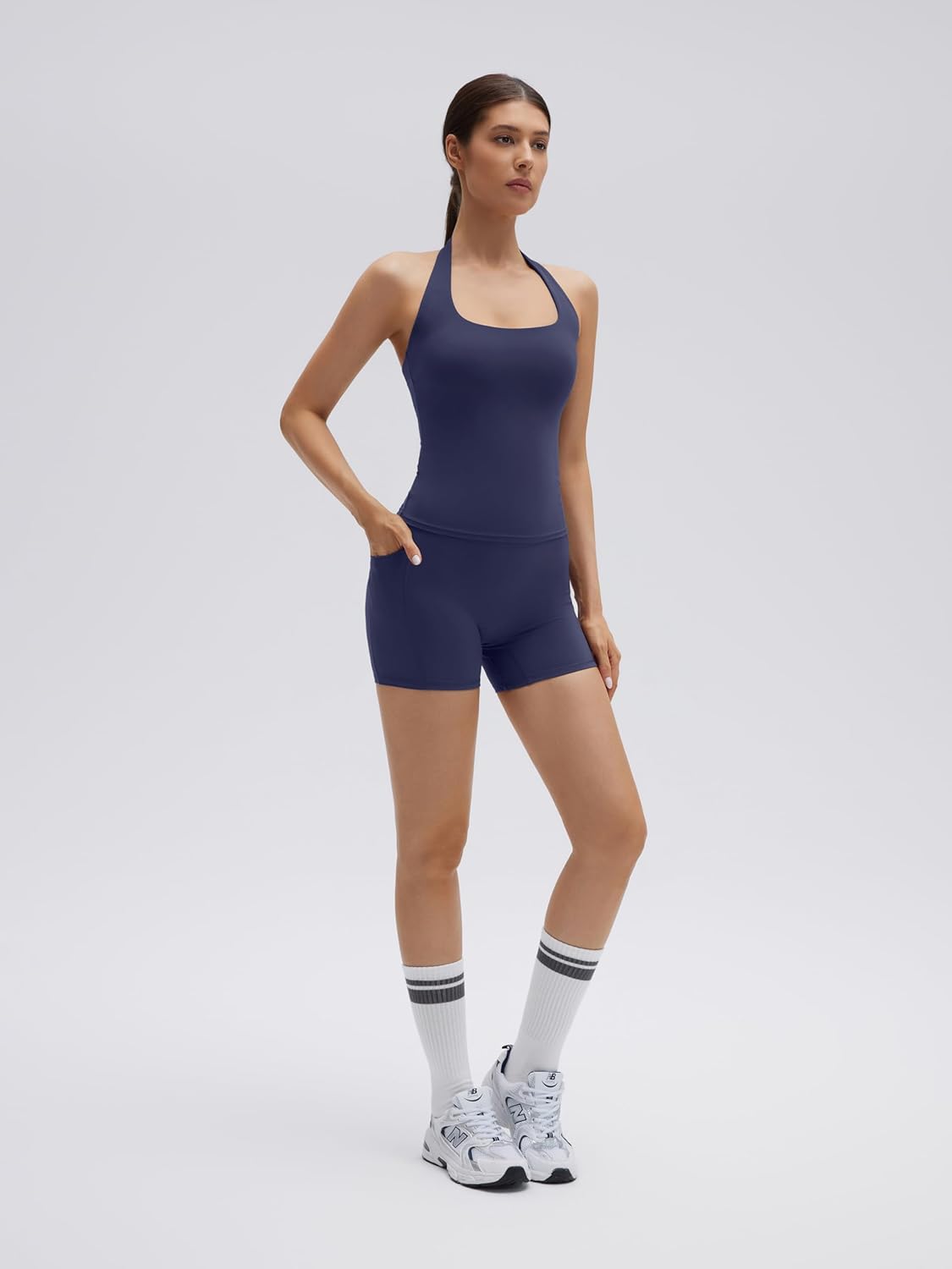 SUUKSESS Women 2 Piece Workout Sets Halter Neck Padded Yoga Tank Tops High Waisted Biker Shorts with Pockets - Image 3