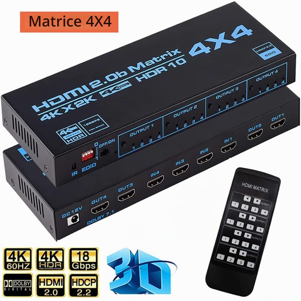 Selettore matriciale 4X4,Matrice 4K HDMI 4 ingressi 4 uscite Matrice HdMI 2.0 Porte 4x4 Supporta 4K @ 60Hz 4K Dolby Vision HDR HDCP 2.2 Supporto del telecomando
