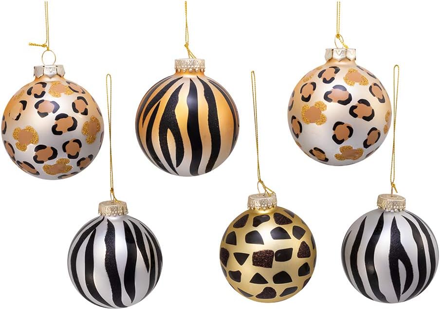 Kurt S. Adler Kurt Adler 80MM Gold, Silver and Black Animal Glass Ball, 6 Piece Box Ornament, Multi, 6 Count