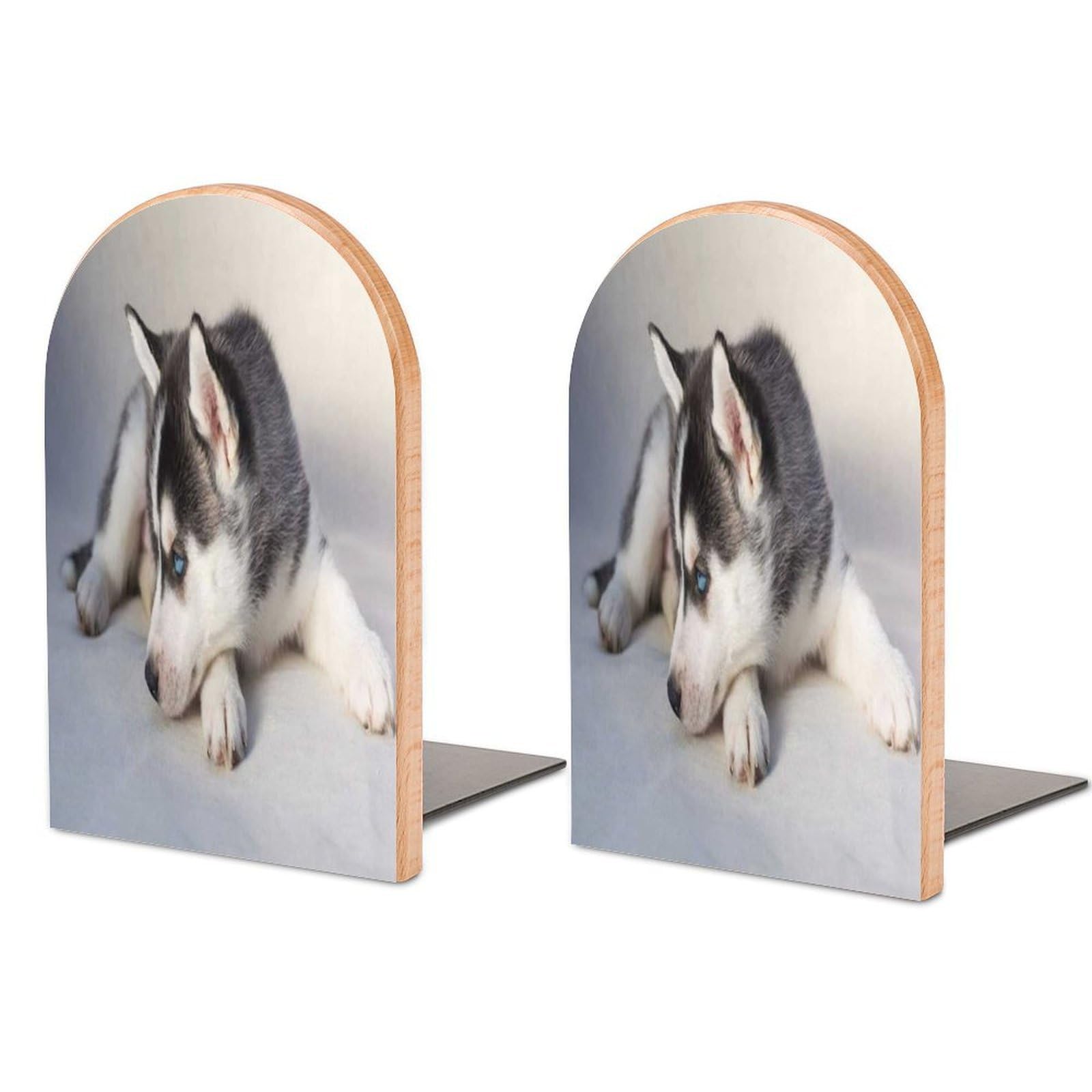 Siberian Husky Sad Puppy Small Cute Dog Pretty Animals Wildlife Beech Wood Bookends Heavy Duty Book Organizers Desktop File Holder for Office Home Bookshelf