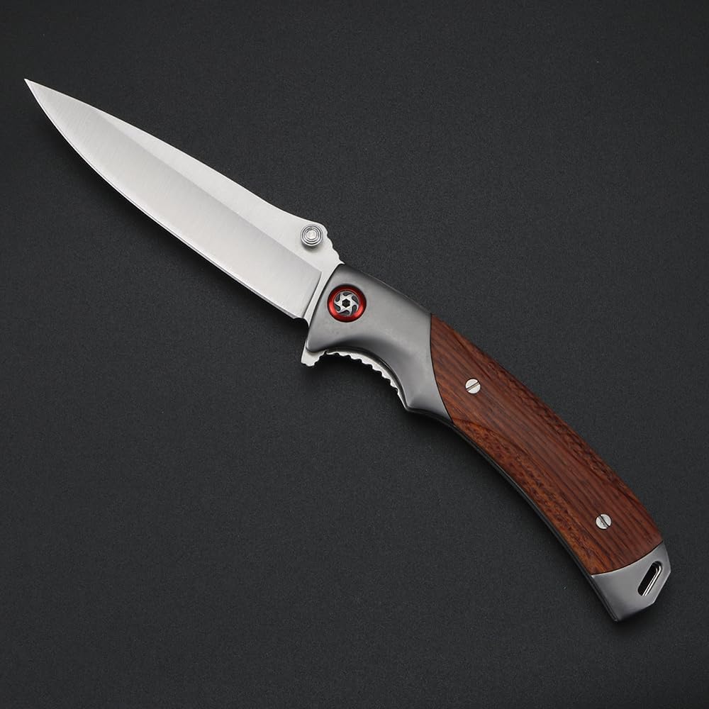 Tactical Folding Knife, 4in Stainless Steel Mirror Blade, Rosewood Handle, EDC Knife with Safety Liner-Lock, Hand-blocking Design