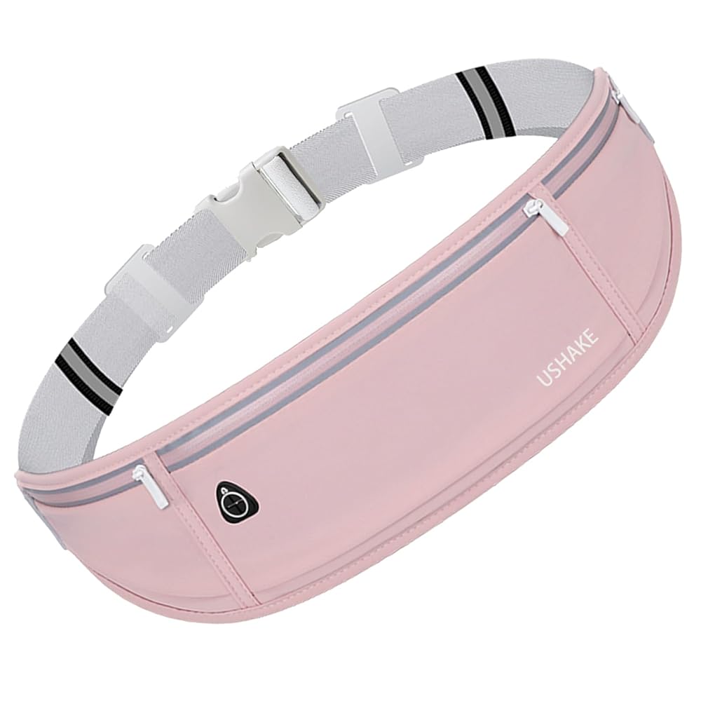 USHAKE Slim Running Belt, Workout Fanny Pack for Men Women,Exercise Waist Pack for Apple iPhone Holder, Runner Belt for Running Walking Cycling Camping Gym Light Pink