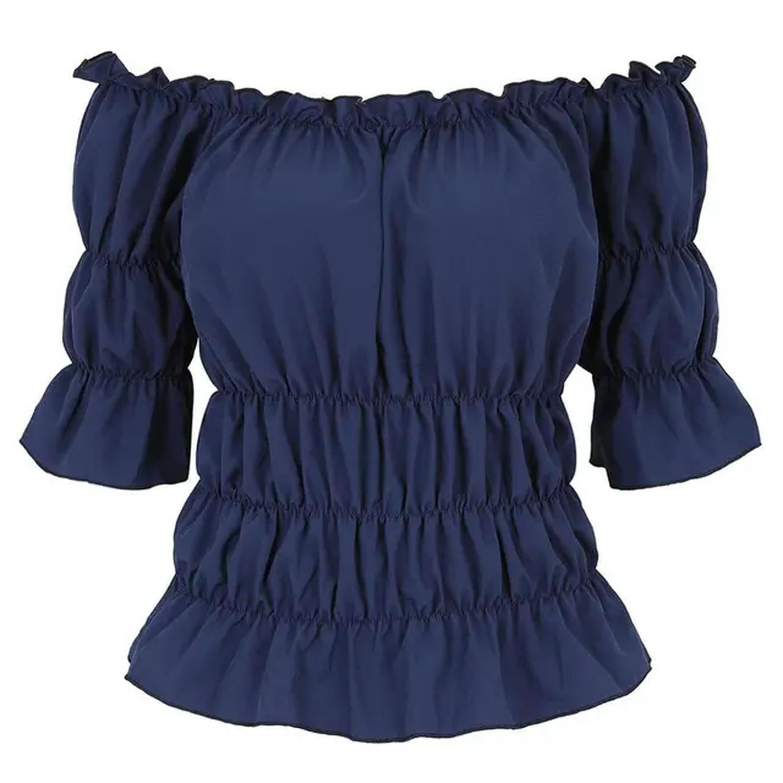 Damen Renaissance-Bluse, schulterfrei, Kurze Ärmel, schmale Passform, mittelalterliche Mode, Piratenbluse, Hemd, Cosplay-Kostüm, Übergröße, Marineblau, S