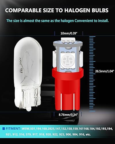 Miniatura 2 de UNXMRFF 194 bombillas LED rojas T10 LED para mapa, W5W 168, bombilla 2825 5050 5-SMD chips LED brillantes 12V CC, 194 bombillas de repuesto para