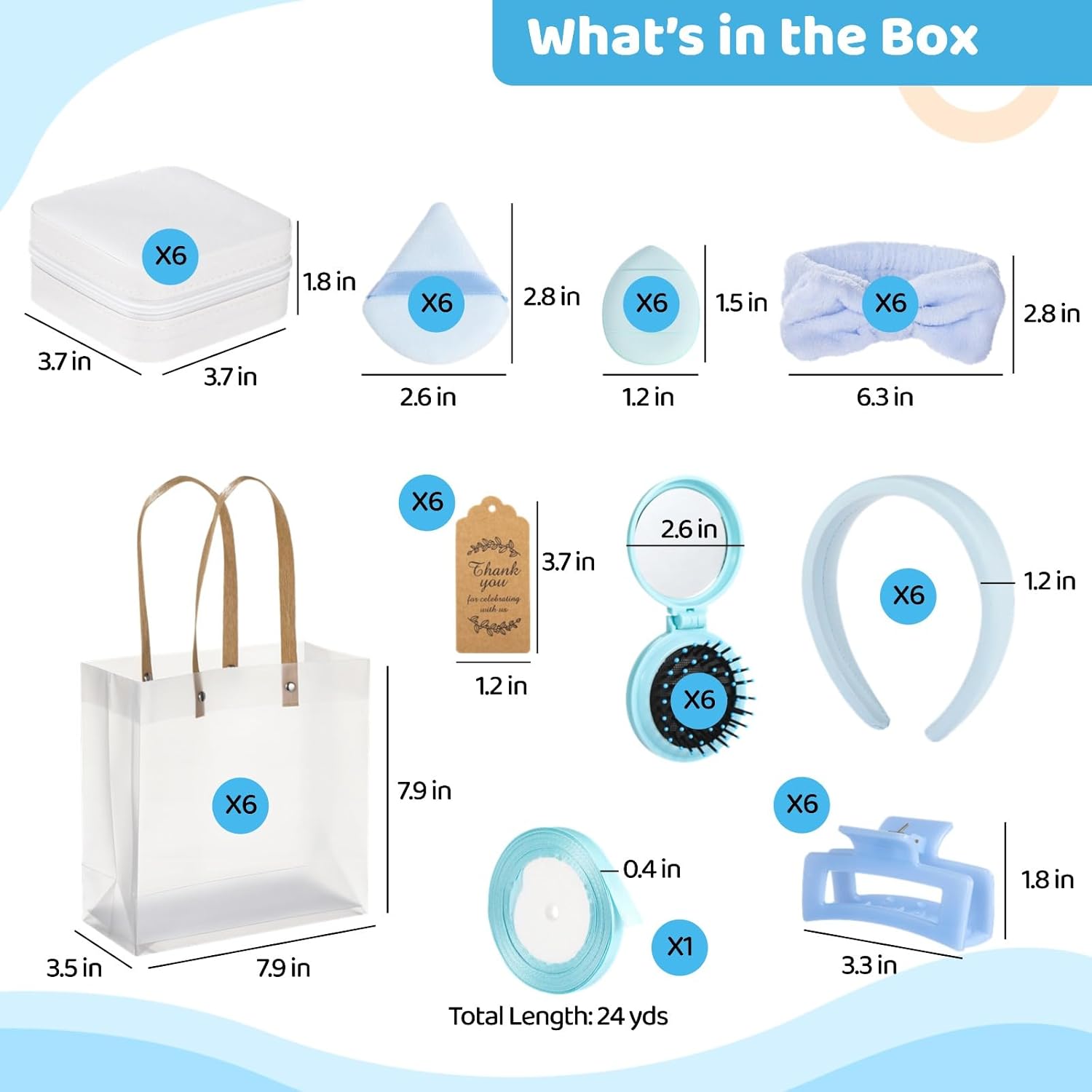 OMISTAR 6 Sets Shower Prizes for Winners, Present Sets with Headband, Jewelry Box, Powder Puff, Claw Clip in Clear Carry Bags, Party Favors for Blue Shower, Gender Reveal, Birthday