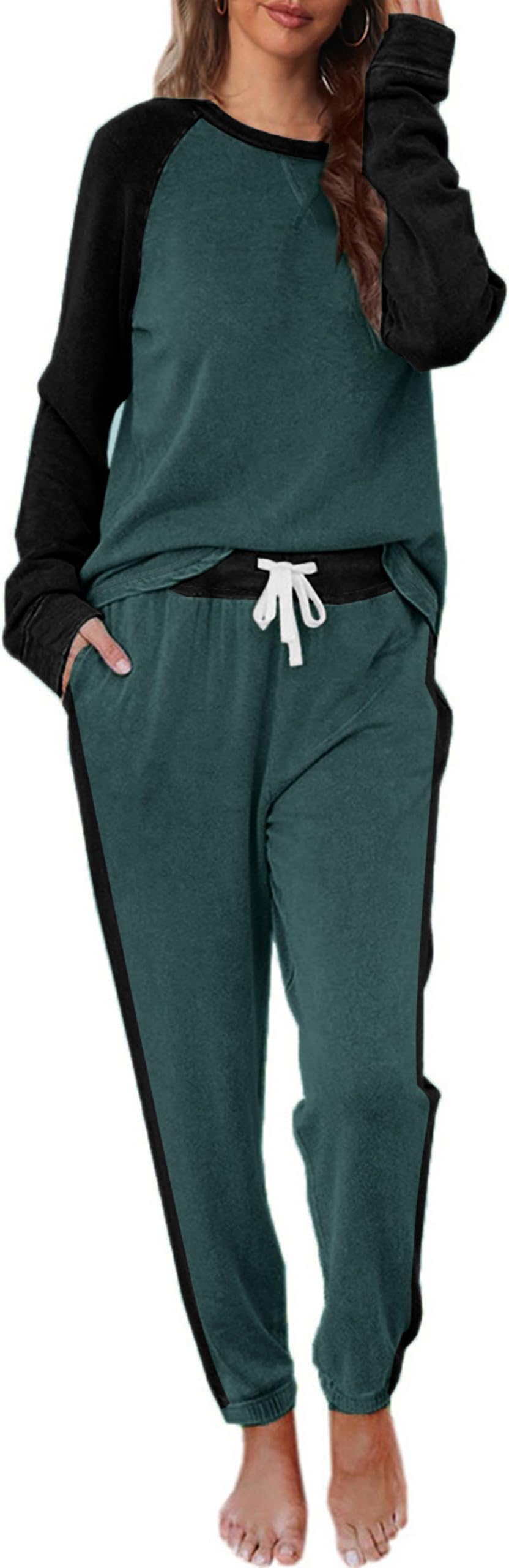 CysincosWomens Sweatsuits 2 Piece Outfit Sweatpants Loungewear Jogger Pajama Set Long Sleeve Pullover Drawstring Pants Black/Black Olive S