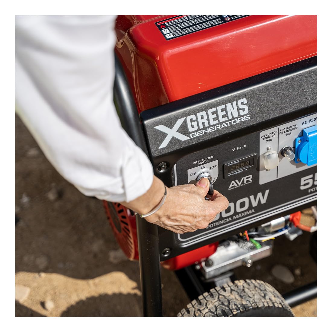 Generador de corriente (gasolina) X60E (máx. 6.000W, depósito 40 l, AVR, ruedas, eléctrico, ruedas, alerta aceite, monofásico, 3 tomas 230V, protección térmica y panel digital)