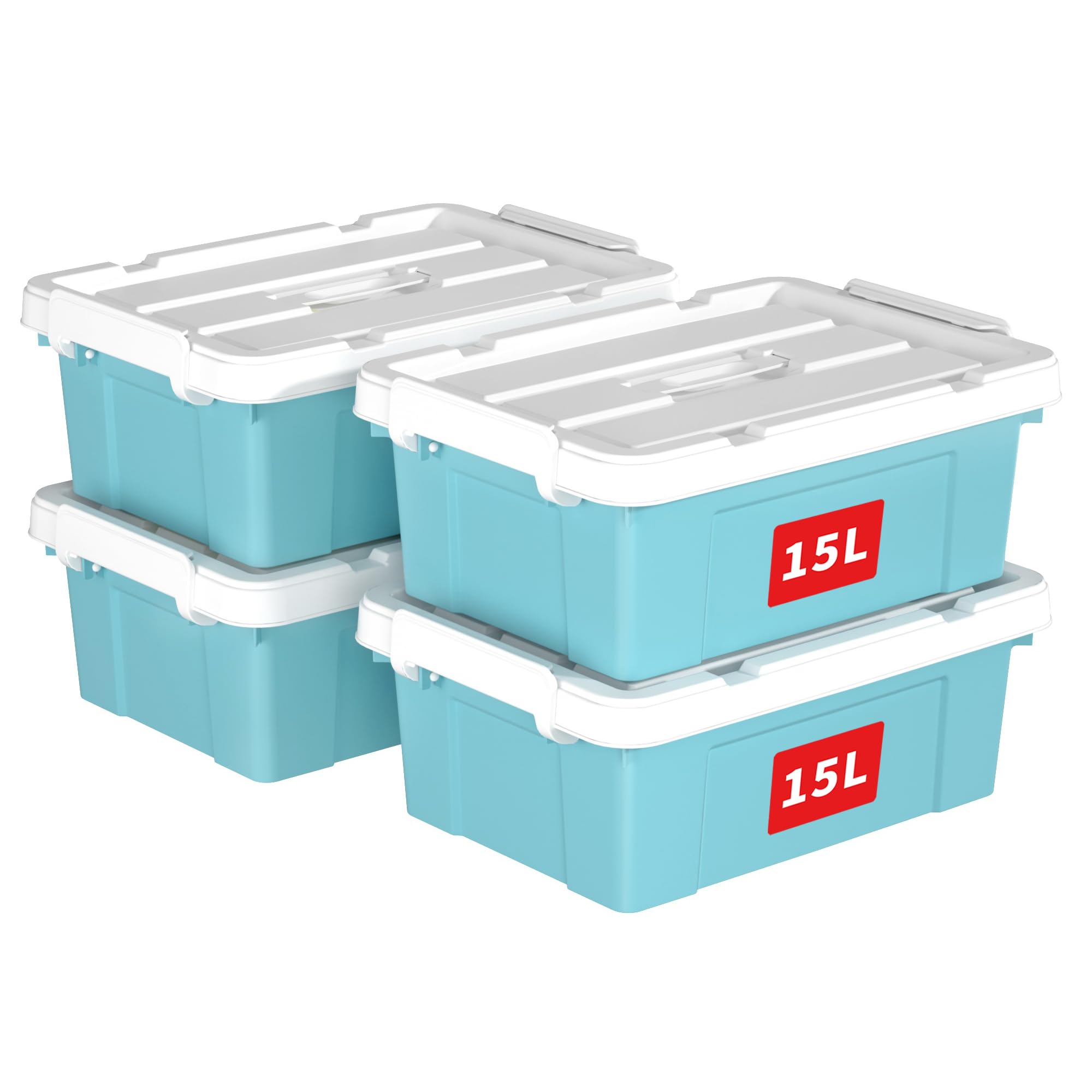 Cetomo 15L*4 Storage Boxes, Carry Plastic Storage Box with Lids, Organizing Container with Handle and Secure Latching Buckles, Stackable, Nestable, Tote Bin for Home Office Clothes, 15L-4Pack, Blue — image 1