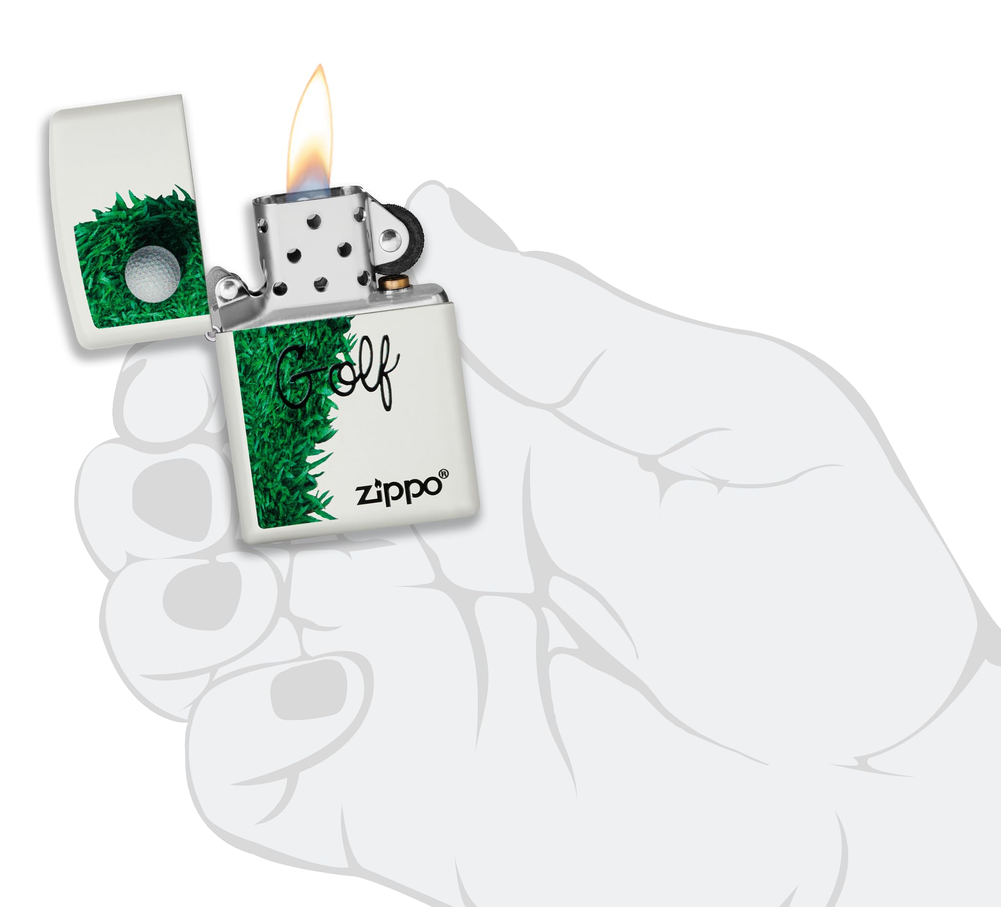 Zippo - Briquet Tempête Motif Golf, Blanc Mat, Impression Color Image, Rechargeable, Réutilisable, Coupe-Vent, Coffret Cadeau, Fabriqué Aux États-Unis