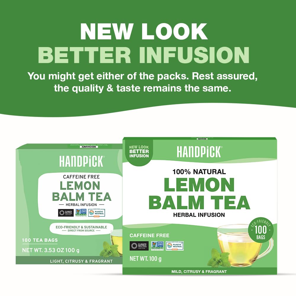 HANDPICK Lemon Balm Tea Bags – 100 Count | 100% Pure & Naturally Dried | Caffeine-Free Herbal Tea with Citrus Flavor & Aroma | Premium Lemon Balm Leaf - Image 3