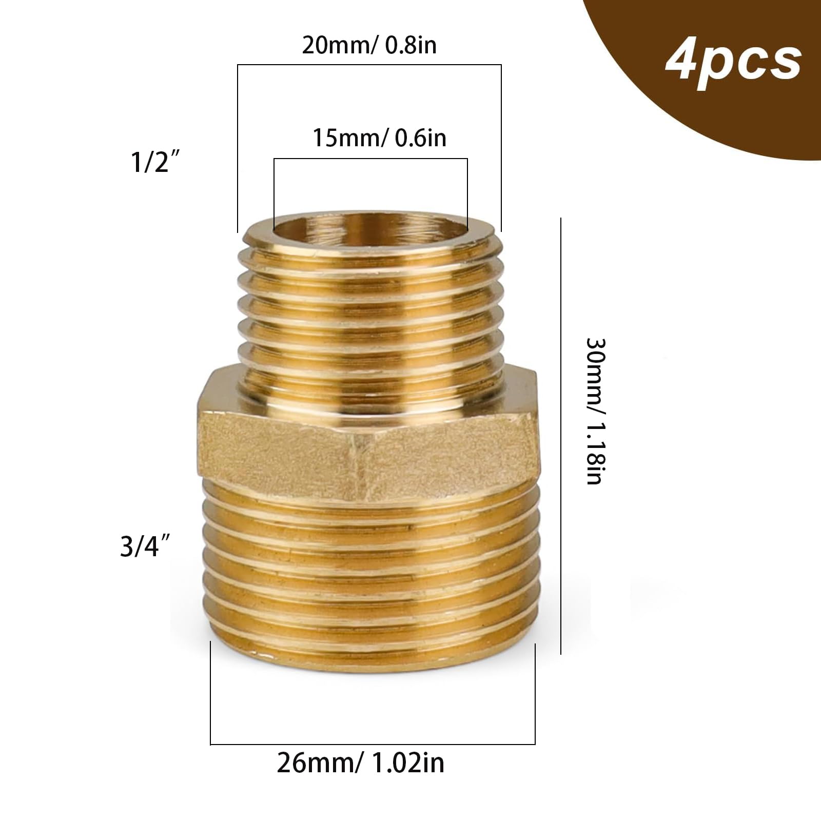 MUNTE Messing-Adapter 3/4" Auf 1/2" - 4 Stück Reduzierstücke Für Wasser, Luft & Kraftstoffleitungen