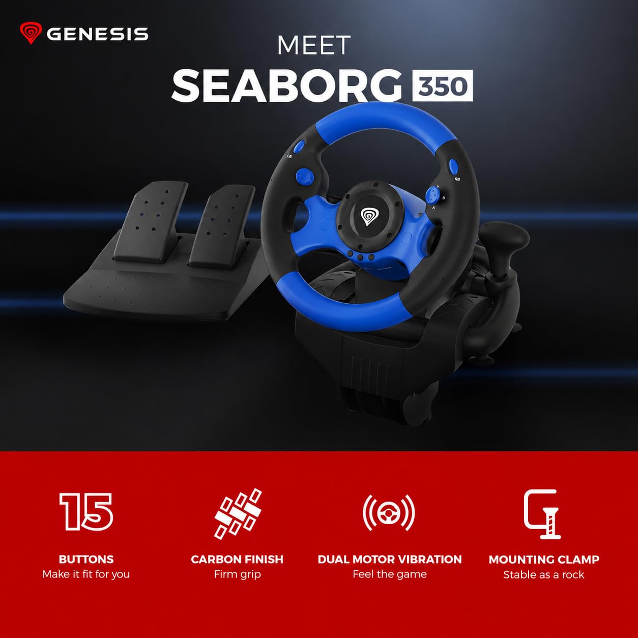 Genesis SEABORG 350 Noir, Bleu USB Volant + pédales Nintendo Switch, PC, PlayStation 4, PlayStation 3, Xbox 360, Xbox One