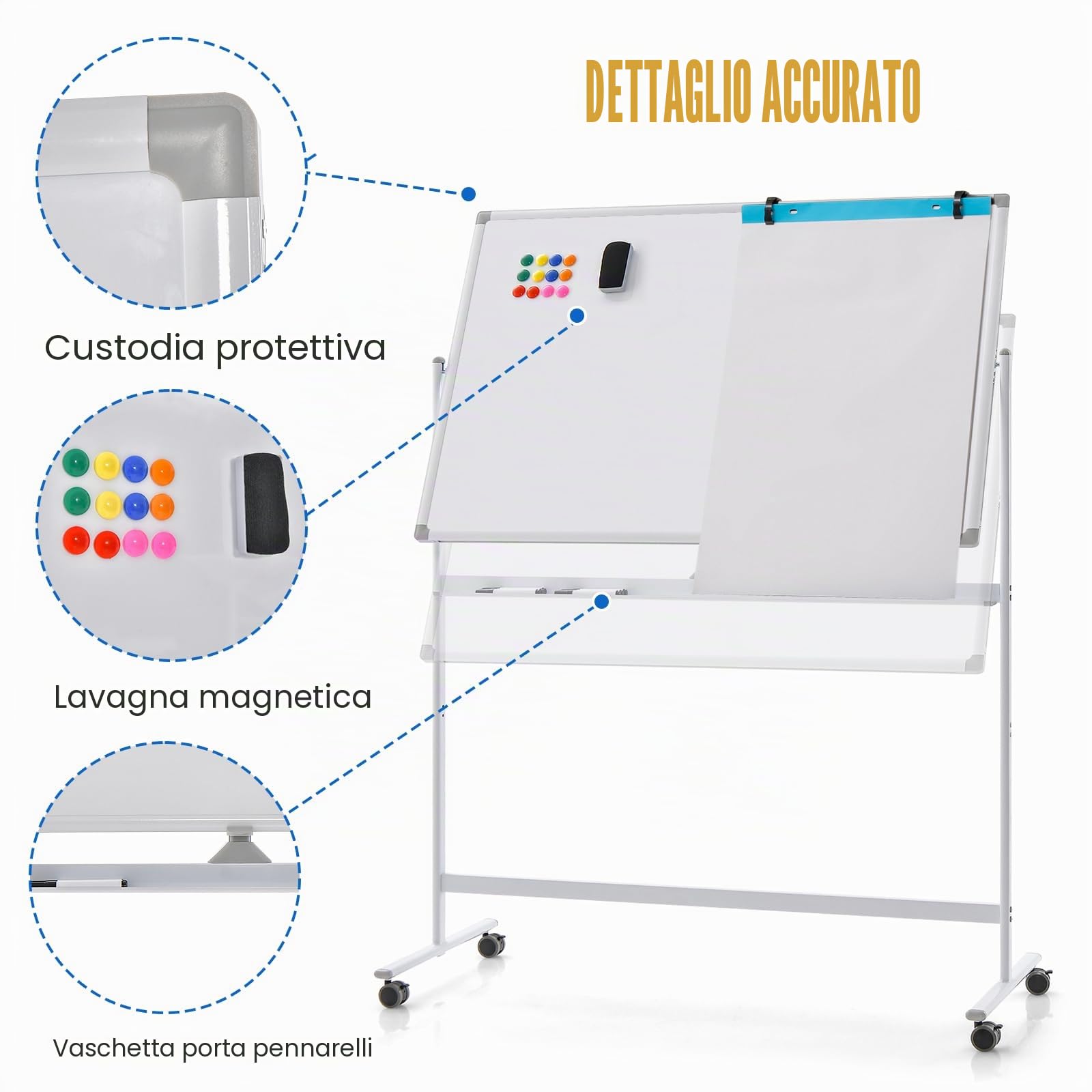 LIFEZEAL Lavagna Bianca Cancellabile con Ruote, Lavagna Magnetica per Ufficio, Doppia Faccia e Girevole a 360°, Lavagnetta Interattiva Regolabile in Altezza per Scuola (80x120cm, bianco)