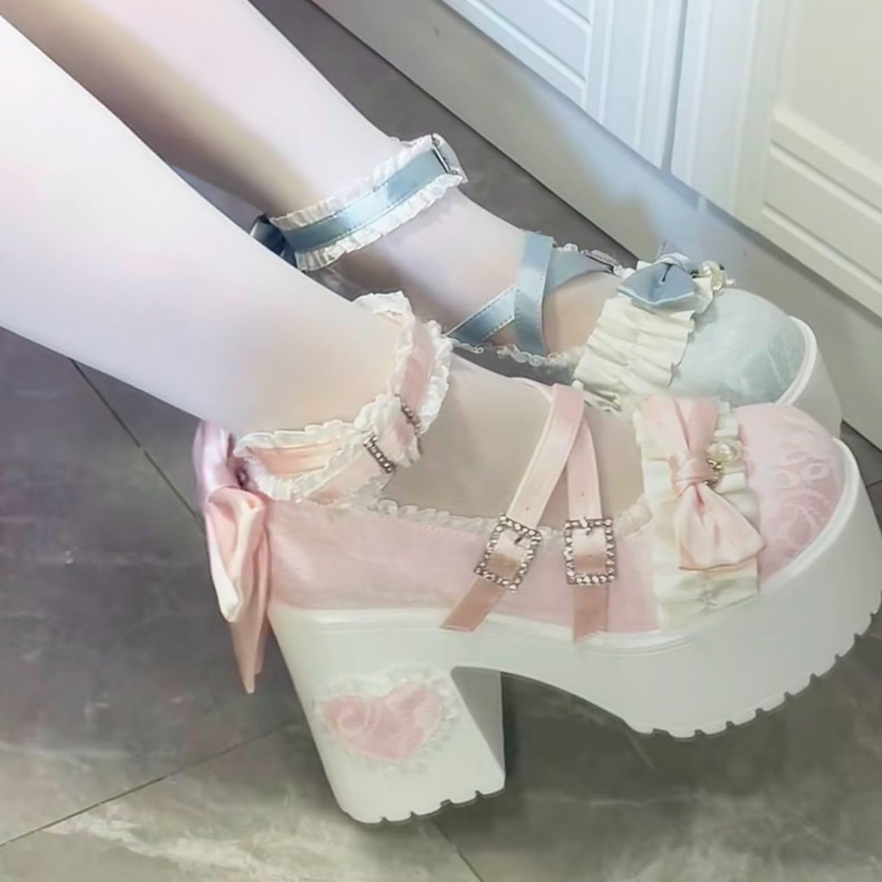 Kawaii Mary Jane Heels for Women Cute Lolita Shoes Chunky Platform Round Toe Bow Cross Strap Lace Buckle Comfy Party Cosplay Shoes