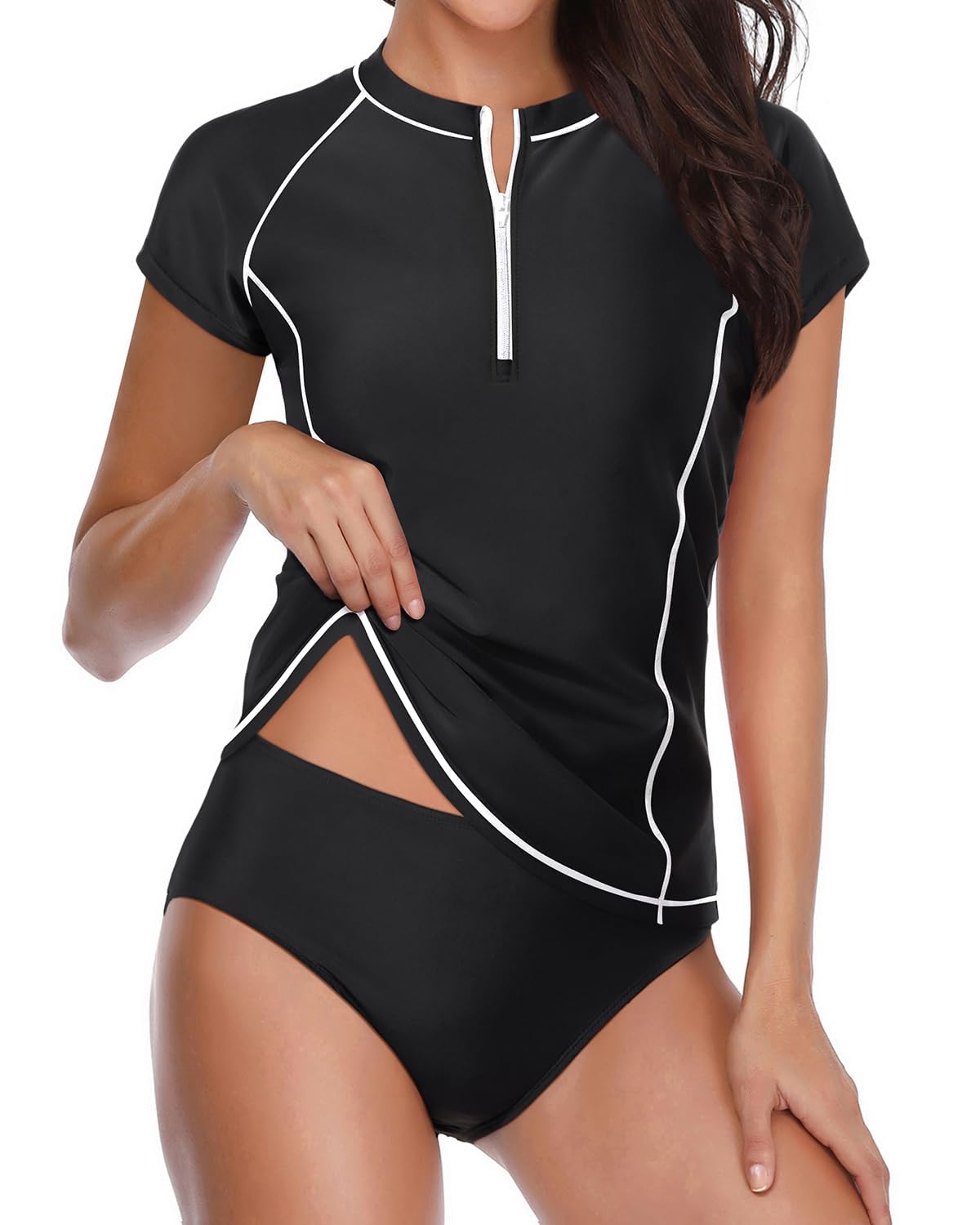 holipick Short Sleeve Rash Guard for Women - 2 Piece Swimsuit UPF 50+ Zipper Swim Shirts with Built in Bra-picture-34